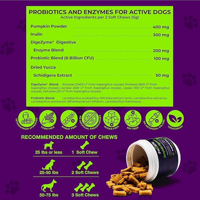 Probiotics and Digestive Enzymes for Dogs - Gut Flora, Digestive Health, Diarrhea & Bowel Support - Functional Dog Supplement Soft Chews for Immune System Boost with Pumpkin