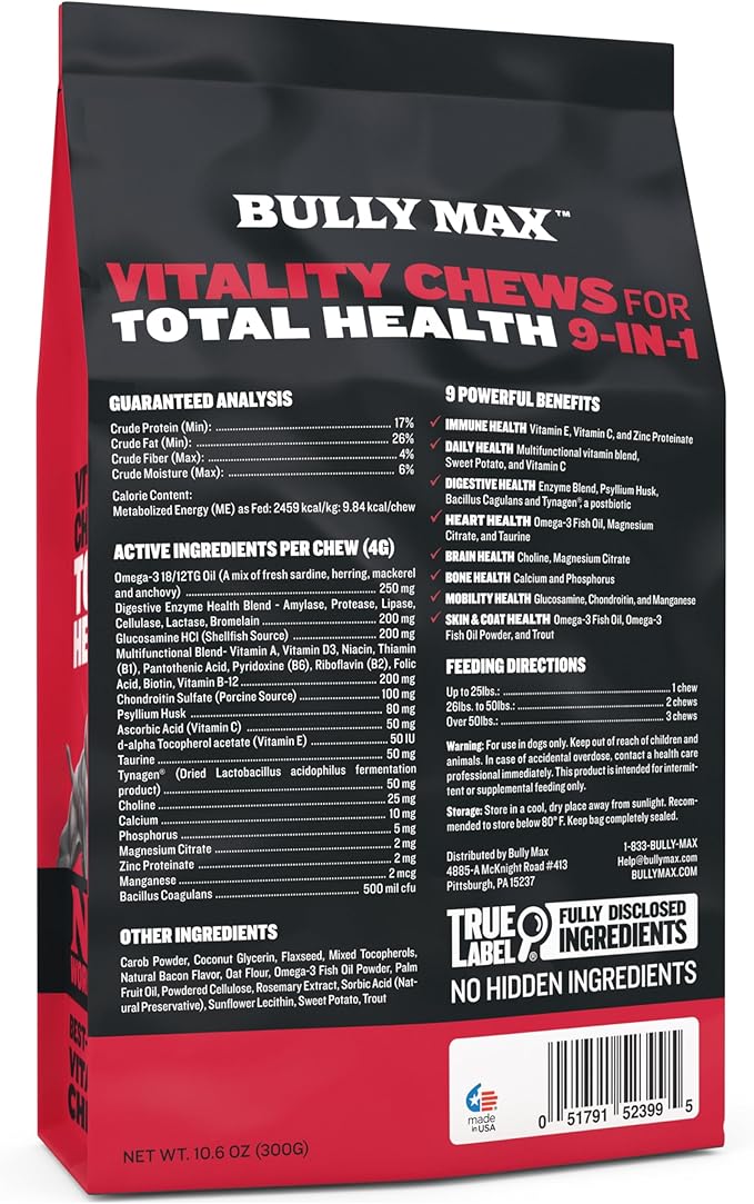 Bully Max 9-in-1 Total Health Dog Chews - Puppy & Adult Dog Multivitamin - Omega 3 Vitamin Supplements for Immunity, Brain, Heart, Joint & Digestive Health for All Breeds - 75 Soft Chews per Bag