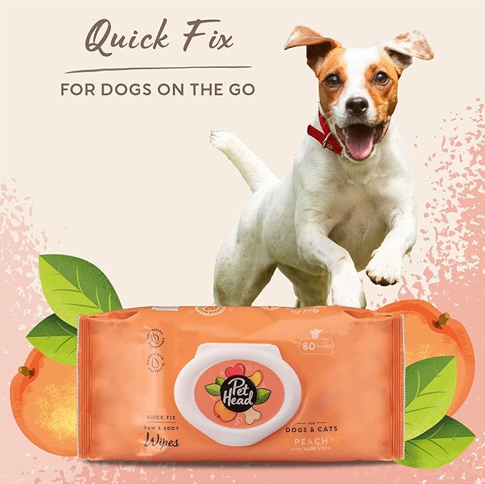PET HEAD Quick Fix Cleaning Wipes for Dogs and Cats, Pack of 80 - Peach Scent with Aloe Vera. Biodegradable Wipes for Paws and Body. Natural and Vegan Ingredients. Made in USA
