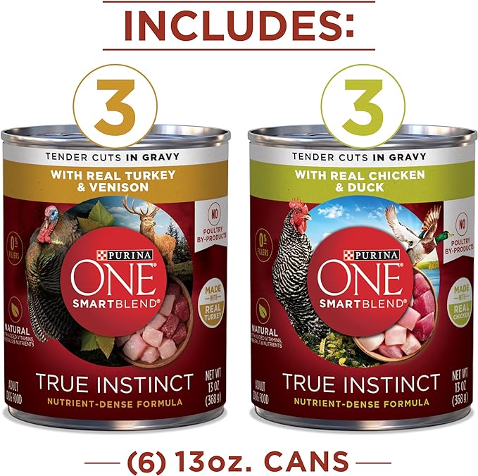 Purina ONE True Instinct Tender Cuts in Gravy with Real Turkey and Venison, and with Real Chicken and Duck High Protein Wet Dog Food Variety Pack - 13 Ounce (Pack of 6)