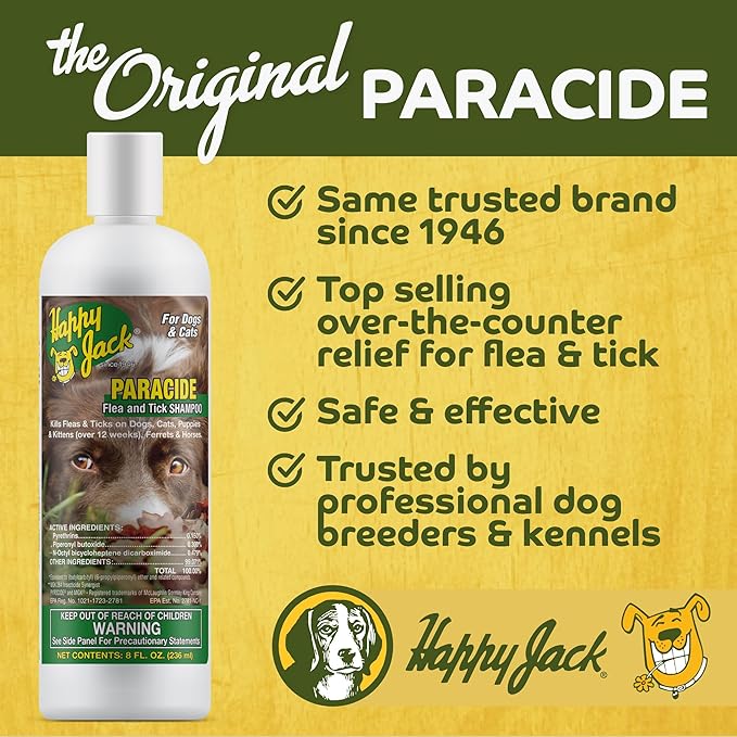Happy Jack Paracide Flea & Tick Shampoo for Dogs, Dog Flea and Tick Treatment, Flea and Tick Prevention for Cats, 8 oz