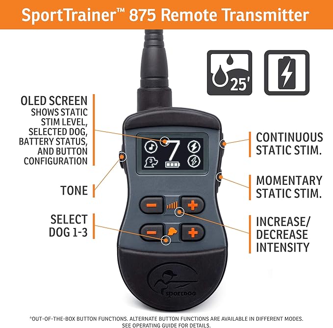 SportDOG Brand SportTrainer 875 Remote Trainer - Shock Collar - 1/2 Mile Range - OLED Screen - Waterproof, Rechargeable E-Collar with Remote - Tone, Vibration, and Static, Black