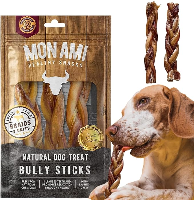 Mon Ami Braided Bully Sticks for Large and Small Dogs (5-6 inches, Pack of 12) - Made from Grass Fed Beef Dog Treats - Natural Bully Sticks - Grain Free & High Protein Dog Snack