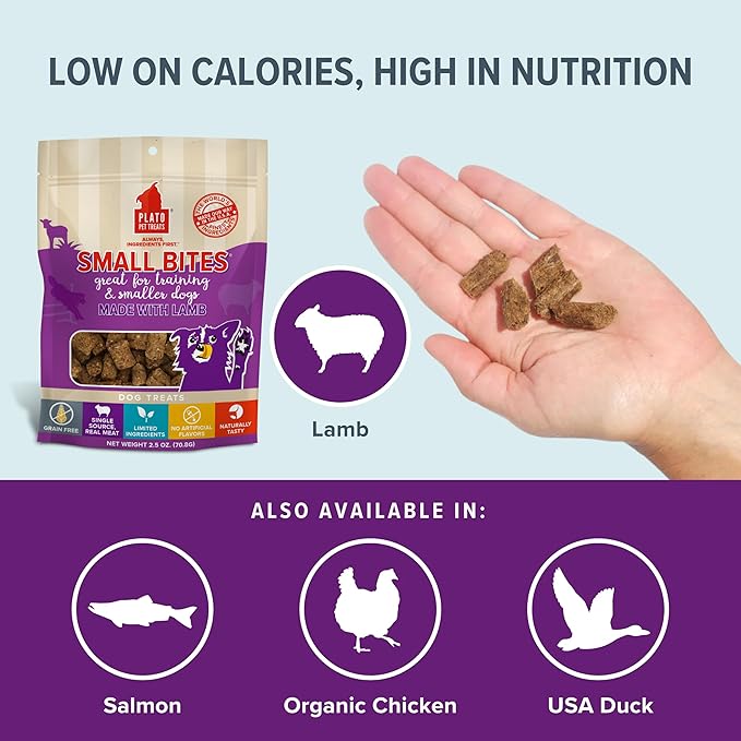 PLATO Pet Treats Air Dried Small Bites Dog Treats, Natural Bite Sized Real Meat & Lamb, Grain Free & High Protein, Made in The USA, 2.5oz