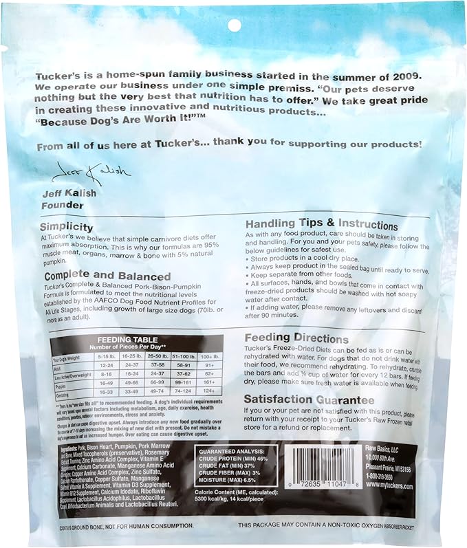 Tucker's Raw Frozen Freeze Dried Raw Dog Food, Pork, Bison & Pumpkin Formula 14oz