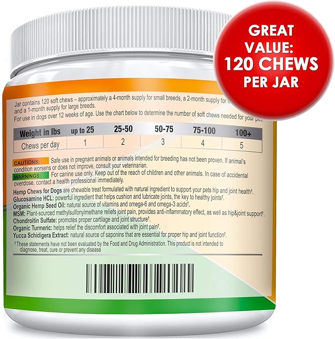 Hemp Hip & Joint Supplement for Dogs - Made in USA - Glucosamine - MSM - Turmeric - Hemp Seed Oil Infused Treats - Natural Joint Pain Relief & Mobility - 120 Soft Chews