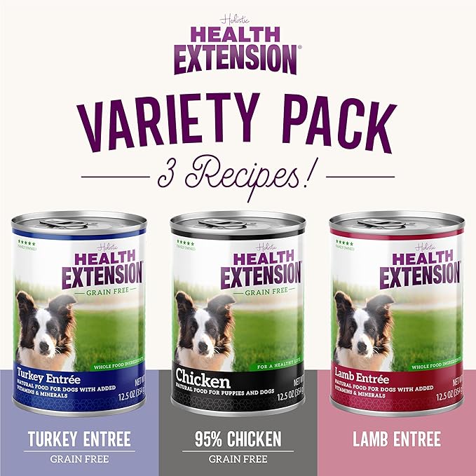 Health Extension Variety Pack of Wet Dog Food Chicken, Lamb Entree, and Turkey Entree Canned - 12.5 Oz / 374g Each, Gluten & Grain-Free, Natural Food for Puppies and Dogs, Added Vitamins & Mineral