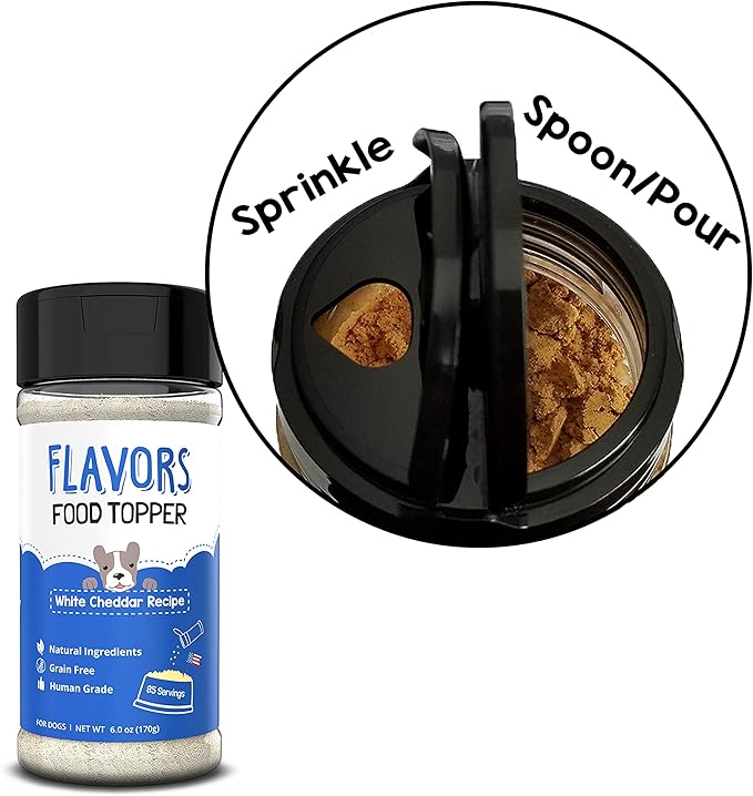 Flavors Food Topper for Dogs, Delicious Seasoning for Dog Food, Natural, Grain-Free Kibble Seasoning and Treat Mix for Picky Dogs and Puppies, White Cheddar Recipe, 3.1-Ounce