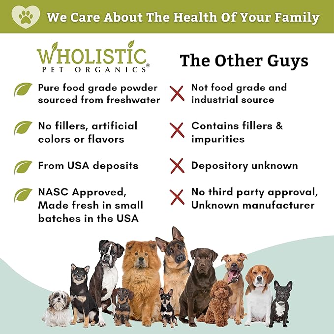 Wholistic Pet Organics DE for Dogs Organic Food Grade for Dogs - 13 Oz - Safe Non-Chemical Freshwater Silica Improves Overall Health