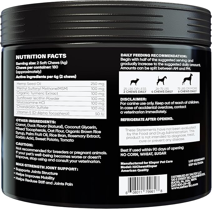 Hemp Joint Supplement for Dogs - Dog Joint Supplement with Glucosamine, Chondroitin, MSM - Supports Hip and Joint Heath, Better Mobility, Skin and Coat - For All Breeds and Ages - 180 Dog Chews, Duck