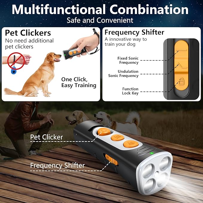 2024New Dog Bark Deterrent Device, 4X Ultrasonic Emitters Anti-Barking Device, Rechargeable Handheld Dog Barking Control Devices with 50ft Range Dog Training&Behavior Aids, Indoor Outdoor (Black)