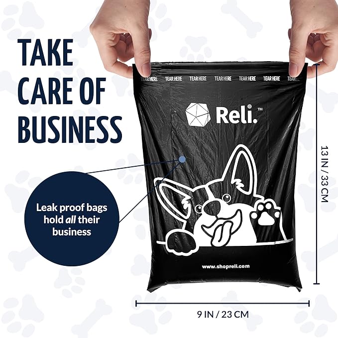 Reli. Dog Poop Bags w/Holder (360 Bags - 24 Rolls) | Leash Clip Dispenser | 9x13" Large Dog Bags for Poop | Doggie Poop Bag | Black Pet Waste Bag Refills w/Dispenser Bag Clip | Unscented, Leak Proof