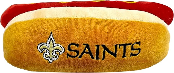 Pets First NFL New Orleans Saints HOT Dog Plush Dog & CAT Squeak Toy - Cutest HOT-Dog Snack Plush Toy for Dogs & Cats with Inner Squeaker & Beautiful Football Team Name/Logo 8 x 5 x 3 Inches