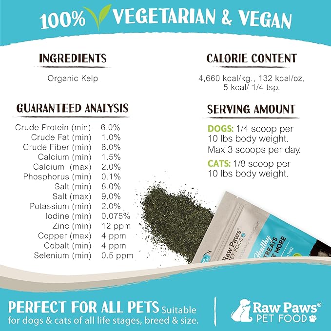 Raw Paws Organic Kelp for Dogs & Cats, 8-oz - Iodine Rich for Thyroid, Digestive & Immune Health - Seaweed Powder for Dogs, Sea Kelp for Cats, Kelp Supplement for Dogs, Dried Kelp Powder for Dogs