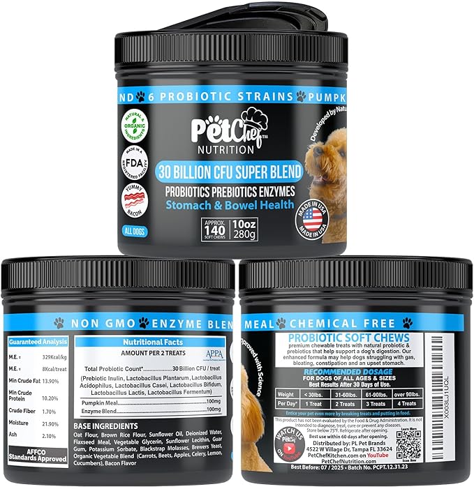 Pet Chef Probiotic Chews for Dogs-Digestive Health Support, Stops Yeast Infections, Relief for Itchy Dog Skin & Ears, Probiotics & Enzymes for Dog Gut Health - Natural Vitamins & Dog Supplements