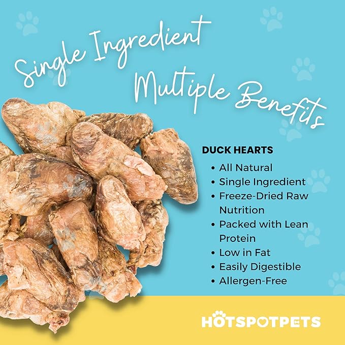 hotspot pets Freeze Dried Duck Heart Treats for Cats & Dogs - 1LB BIG BAG - Single Ingredient All Natural Grain-Free Duck Hearts - Perfect for Training, Topper or Snack - Made in USA