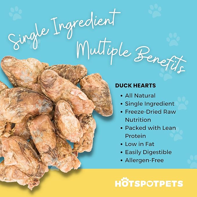 hotspot pets Freeze Dried Duck Heart Treats for Cats & Dogs - 1LB BIG BAG - Single Ingredient All Natural Grain-Free Duck Hearts - Perfect for Training, Topper or Snack - Made in USA