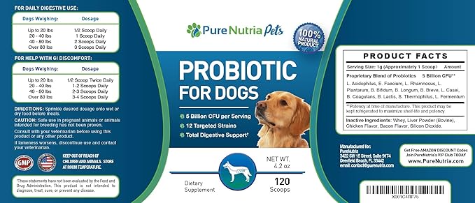 Dog Probiotics Dog Supplements - for Dog Diarrhea, Upset Stomachs, Yeast, Gas, Dog Allergy and Dog Immune System Support - Made in USA - 12 Targeted Strains 5 Billion CFU - 120 Scoops