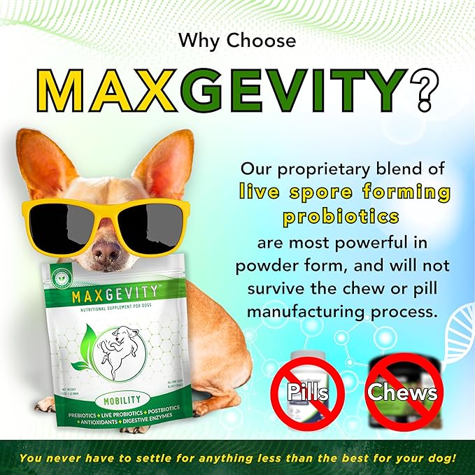 MAXGEVITY Mobility, Hip & Joint Support Meal Topper with Glucosamine & Green Lipped Mussels, Live Probiotics, Pre & Postbiotics, Digestive Enzymes, and Antioxidants | Up to 180 Day Supply.