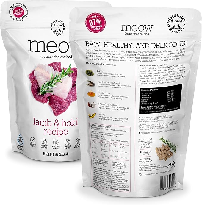 Meow Lamb & Hoki Freeze Dried Raw Cat Food, Mixer, or Topper, or Treat - High Protein, Natural, Limited Ingredient Recipe 9.9 oz