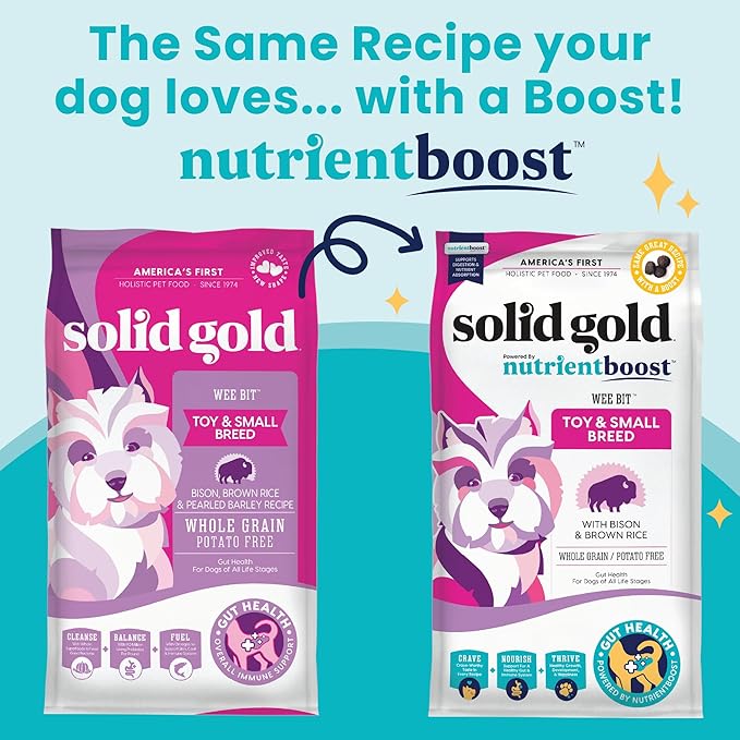 Solid Gold Small Breed Dog Food - Nutrientboost Wee Bit Whole Grain Made w/Real Bison, Brown Rice, & Pearled Barley - High Fiber, Probiotic Dry Dog Food for Dogs with Sensitive Stomachs - 11 LB