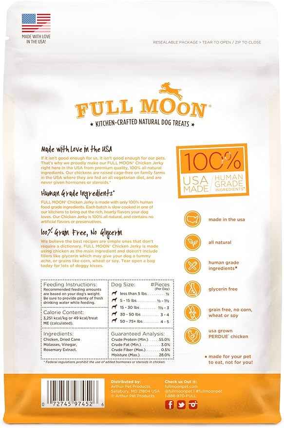Full Moon All Natural Human Grade Dog Treats, Chicken Jerky, 12.5 Ounce