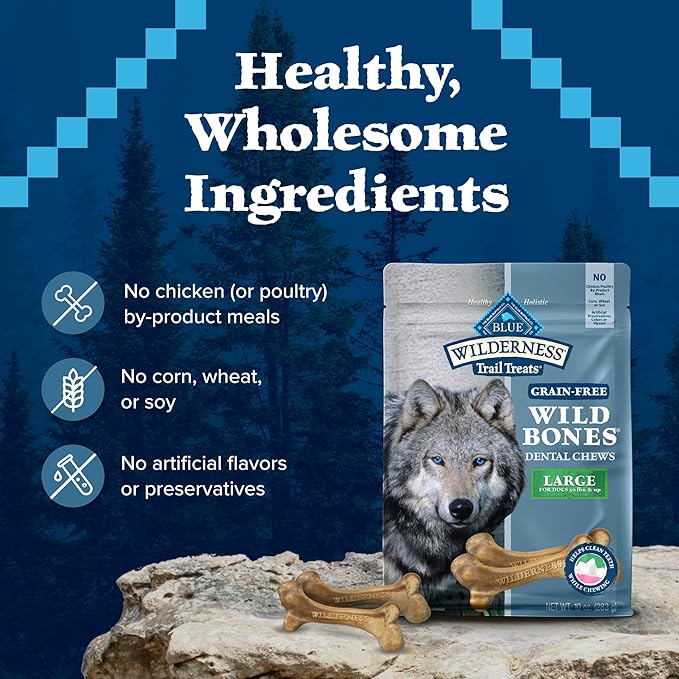 Blue Buffalo Wilderness Trail Treats Wild Bones Large Dental Chews, Grain-Free Dog Bones For Large Dogs Made with Natural Ingredients, 10-oz. Bag