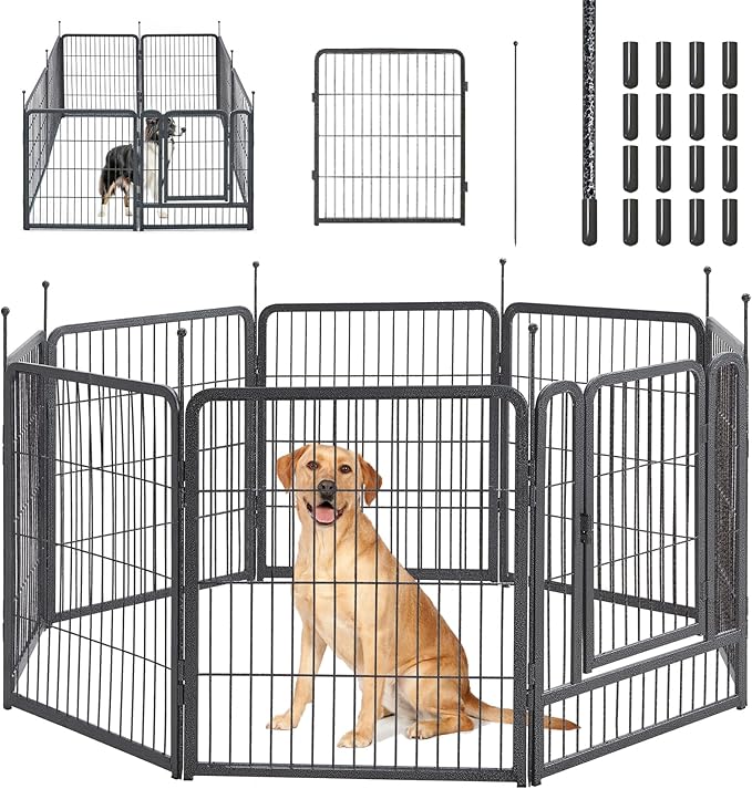 mestyl Dog Playpen, 32" Height 8 Panels Outdoor Pet Play Pen, Big Dog Exercise Play Pen for large/Medium/Small Dogs, Foldable Puppy Pen for Indoor, Camping, RV, Anti-Rust Paint Finish, Quick Install