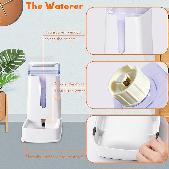 Automatic Cat Feeder and Cat Water Dispenser in Set 2 Packs Automatic Dog Feeder and Dog Water Dispenser 1 Gallon for Small Medium Big Dog Pets Puppy Kitten (white)