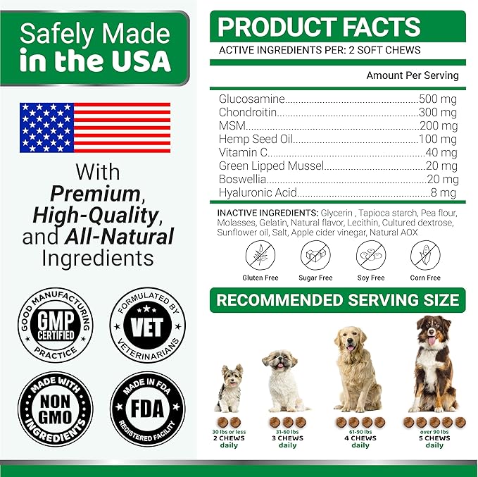 YUMA'S Hemp Hip and Joint Supplement for Dogs - Glucosamine for Dogs - 170 Dog Joint Pain Relief Chews - Chondroitin, MSM - Hemp Oil - Advanced Dog Joint Supplement Health - Mobility Support Treats