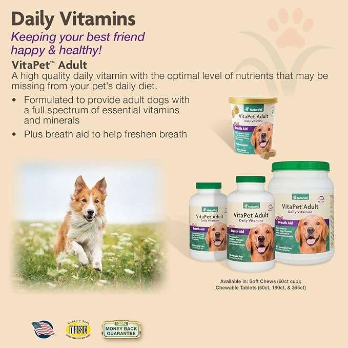NaturVet VitaPet Adult Daily Vitamins Plus Breath Aid for Adult Dogs, 60 ct Soft Chews, Made in The USA with Globally Source Ingredients