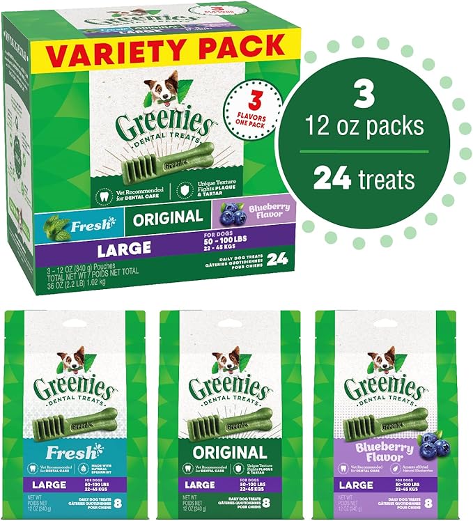 Greenies Large Natural Dental Care Dog Treats, 36 oz. Variety Pack, 3 Packs of 12 oz. Treats