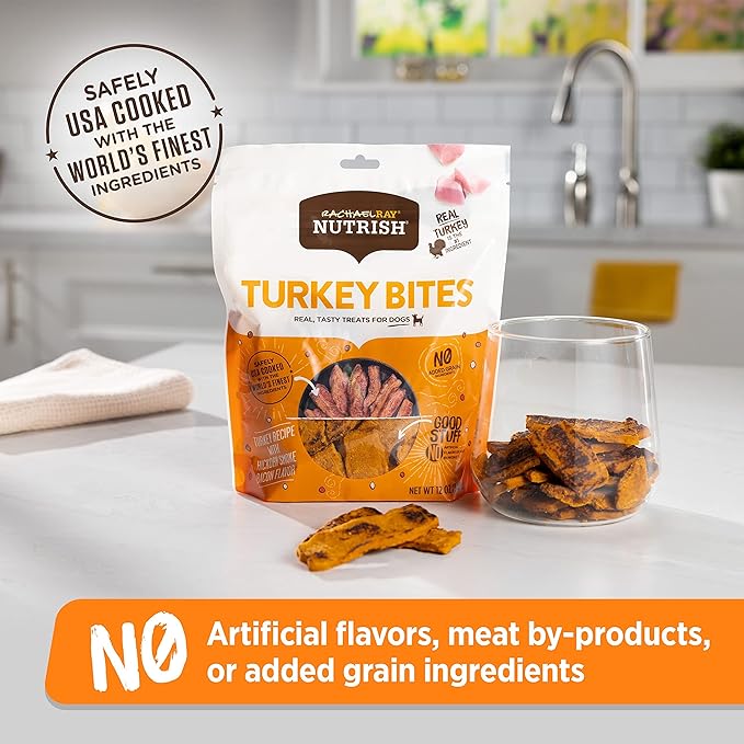 Rachael Ray Nutrish Turkey Bites Real Meat Grain Free Dog Treats, Turkey Recipe with Hickory Smoked Bacon Flavor, 12 Ounces (Packaging May Vary)