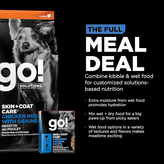 GO! SOLUTIONS Skin + Coat Care Wet Dog Food - Shredded Chicken Recipe with Grains - Complete & Balanced Nutrition for All Life Stages, 12.5 oz