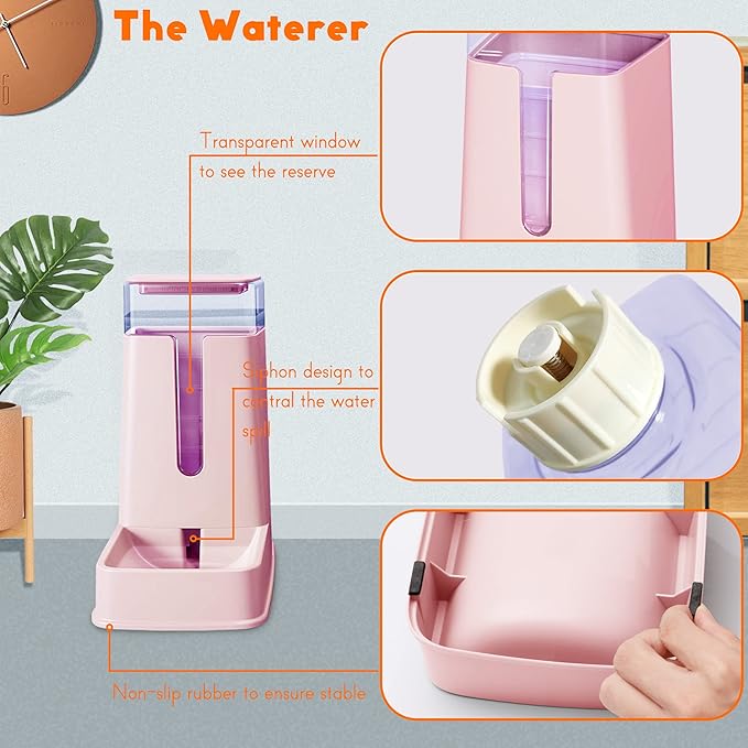 Automatic Cat Feeder and Dog Water Dispenser Set, 1 Gallon Capacity, Plastic, Pink, Suitable for Small to Big Pets