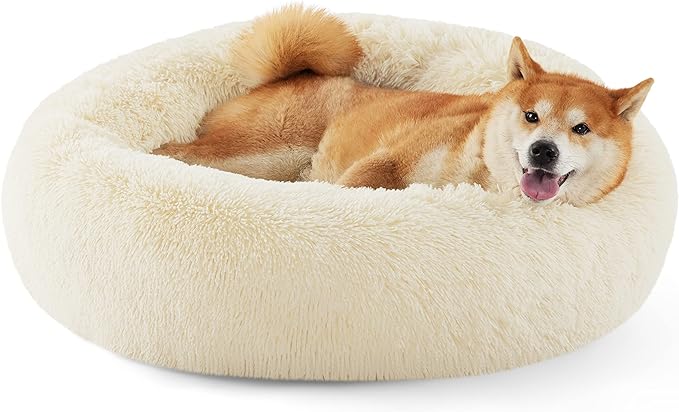 Bedsure Calming Dog Bed for Medium Dogs - Donut Washable Medium Pet Bed, Anti-Slip Round Fluffy Plush Faux Fur Cat Bed, Fits up to 45 lbs Pets, Oat Milk, 30 inches