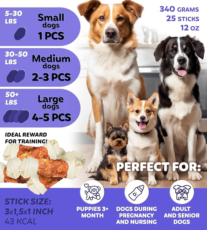Chicken Wrapped Knotted Rawhide Bones Dog Treats - Dog Dental Health Support, Long-Lasting, Grain Free Canine Treats - Low-Calorie & High-Protein Real Chicken Dog Chews, 12 oz
