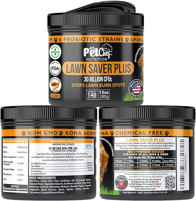 Pet Chef Lawn Saver Dog Treats - Powerful Dog Urine Neutralizer for Lawn, Grass Saver Soft Chews, Prevents Lawn Burn from Dog Urine, Green Grass Dog Chews for Healthy Lawns