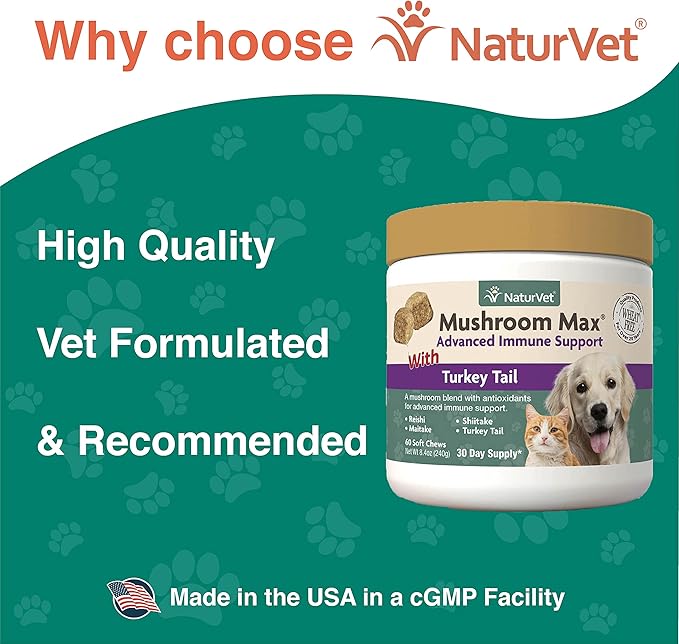 NaturVet Mushroom Max Advanced Immune Support Dog Supplement – Helps Strengthen Immunity, Overall Health for Dogs – Includes Shitake Mushrooms, Reishi, Turkey Tail – 60 Ct.