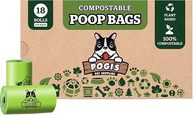 Pogi's Compostable Dog Poop Bags - 18 Rolls (270 Doggie Poop Bags) - Leak-Proof Dog Waste Bags, Plant-based ASTM D6400, EN 13432 Certified Extra Large Poop Bags for Dogs