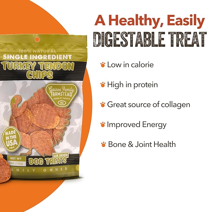 Gaines Family Farmstead Turkey Tendon Chips for Dogs, All-Natural, Grain-Free, Soy-Free, Dye-Free, Healthy Dog Treats for All Ages & Breeds, Puppies, Made in USA, 5 oz
