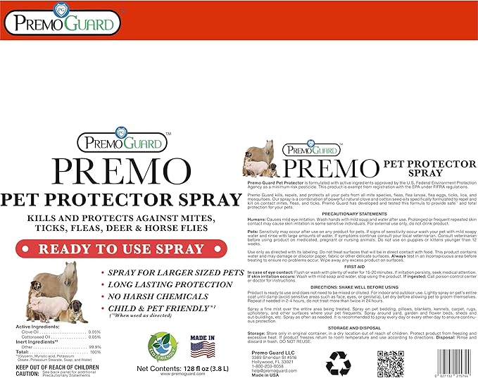 Pet Protector by Premo Guard 128 oz – 100% Effective Mite, Flea, Tick, & Mosquito Spray for Dogs, Cats, and Pets – Best Natural Protection for Control, Prevention, & Treatment