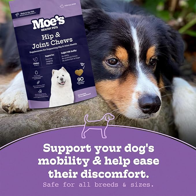 Moe's Glucosamine Dog Joint Supplement + Glucosamine, Chondroitin, Hyaluronic Acid, Vitamin C, E – Bone Health - Joint Pain Relief - Advanced Hip & Joint Care - 90 Chews - Made in USA – All Breeds