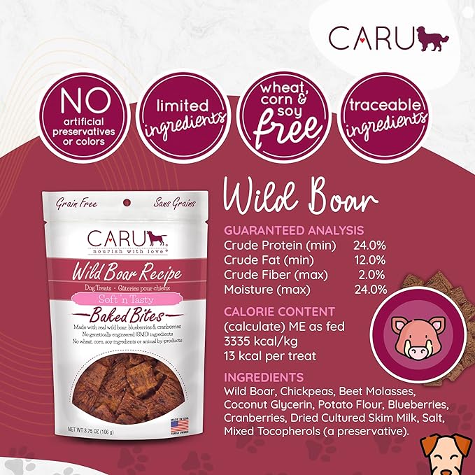 Caru - Soft n’ Tasty Baked Bites - Wild Boar Bites Dog Treats - Flavorful Training Treats - 3.75 oz bags - Pack of 3