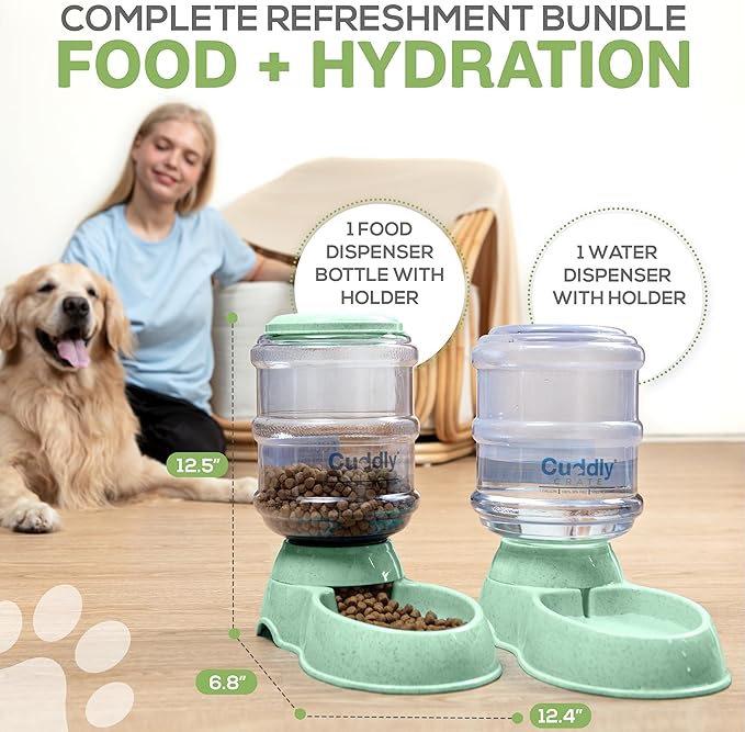 2 Pack Self Feeding Dog Food and Water Dispenser - 3.75L Automatic Pet Feeder for Small & Medium Dogs, Spill Proof Gravity Cat Feeder and Water Dispenser (Green)
