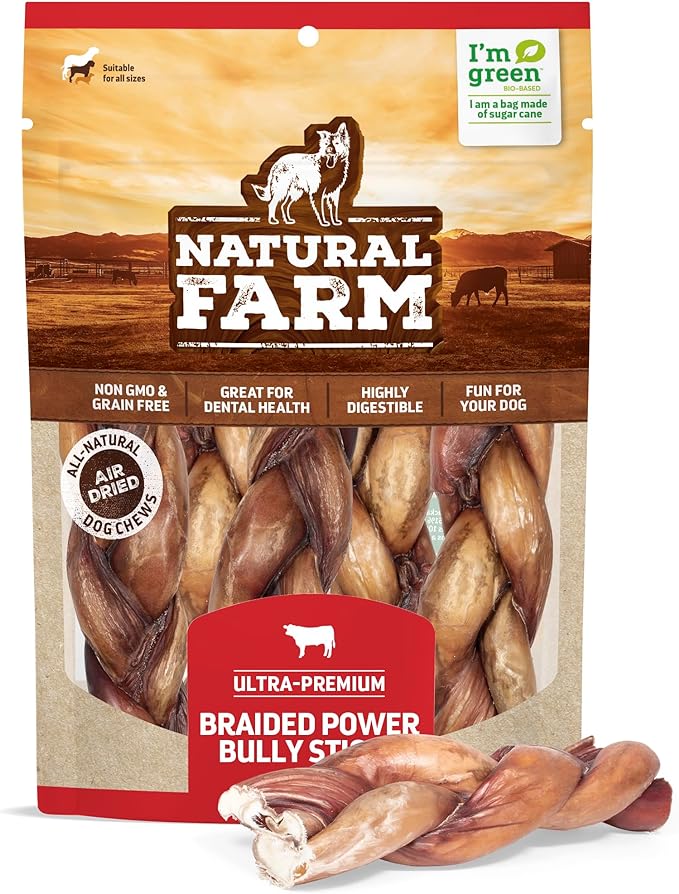 Natural Farm Braided Power Bully Sticks Dog Chews (6”, 5-Pack), 2-in-1 Power Chews: Premium Beef Cheek Wrapped in Beef Pizzle, Braided Together for a Very Long Lasting Chew, Great for Medium Dogs