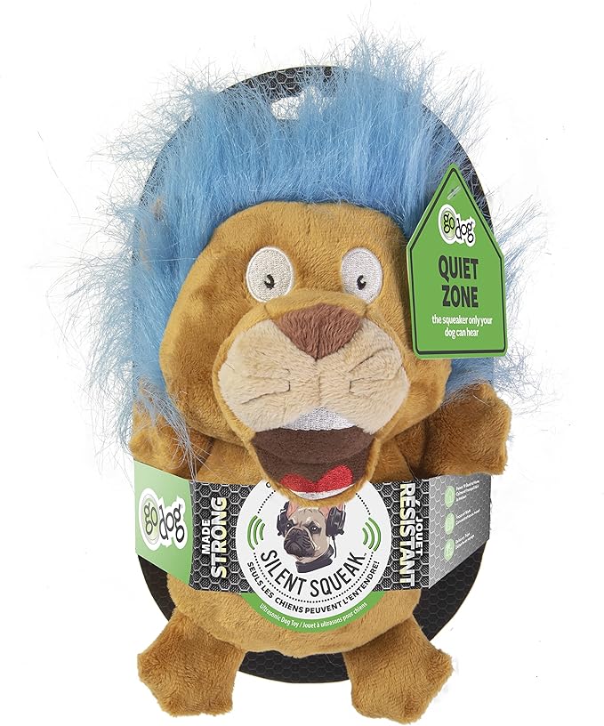 goDog Crazy Hairs Lion Silent Squeak Plush Dog Toy, Chew Guard Technology - Tan, Large