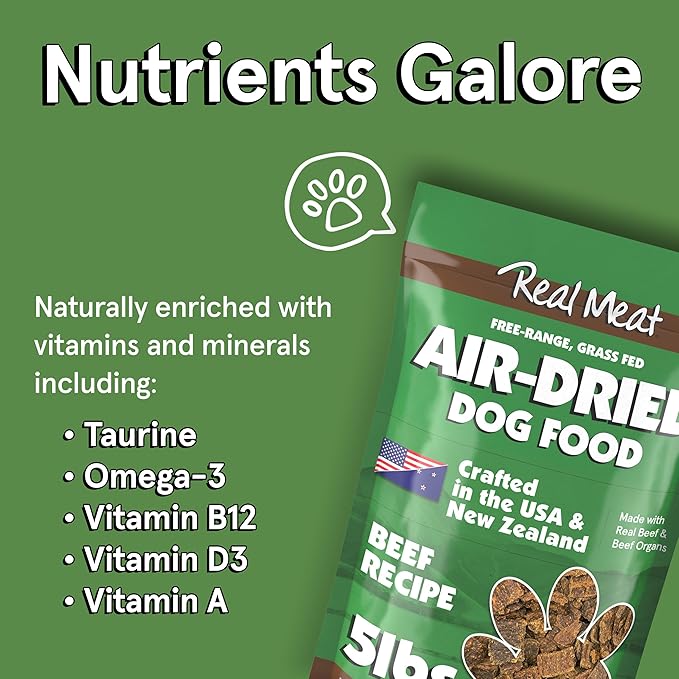 Real Meat Air Dried Dog Food w/Real Beef - 5lb Bag of USA-Crafted Grain-Free Real Meat Dog Food Sourced from Hormone-Free, Free-Range, Grass-Fed Beef - Digestible, All Natural, High Protein Beef