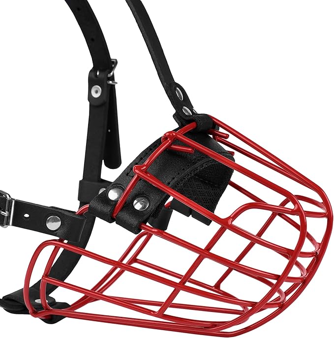 Pitbull Dog Muzzle Metal Mask Amstaff Secure Wire Basket Adjustable Durable Leather Straps for Large Dogs (Red)