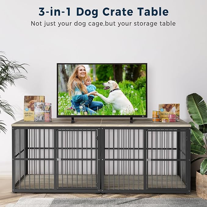 77.64''Dog Crate Furniture Large Breed TV Stand with Double Rooms,Wooden Dog Kennel Dog Crate End Table with Removable Divider for Large Medium Dogs, Can Use Separately